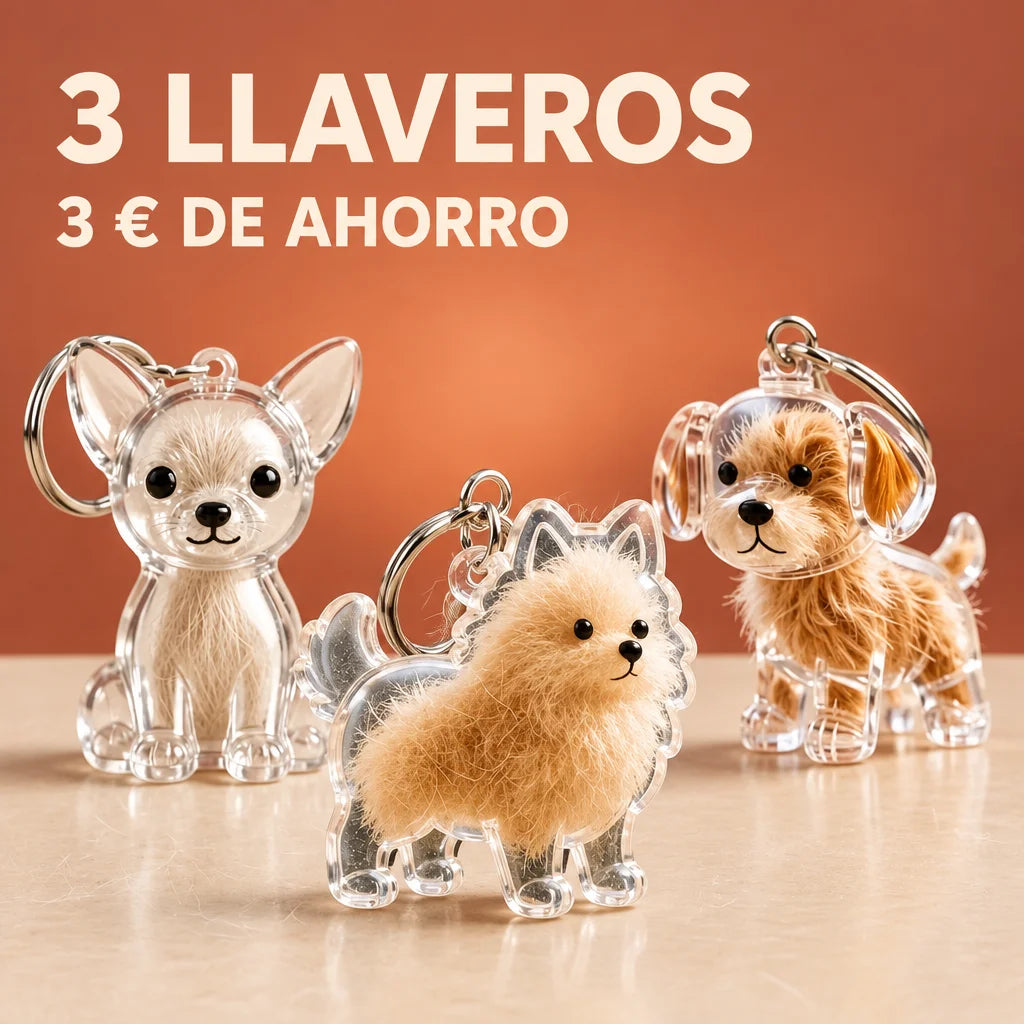 A graphic poster built over a studio photograph of three clear acrylic puppy-shaped keepsake keychai