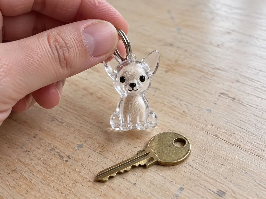 A close photograph of a small clear acrylic puppy-shaped keepsake keychain with silver-tone ring hel