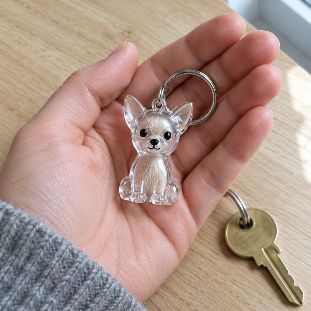A close real photograph of the small clear acrylic puppy-shaped keepsake keychain with silver-tone r