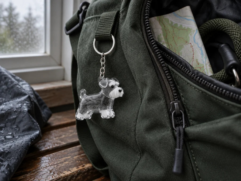 A real-life close photograph of a small clear acrylic puppy-shaped keepsake keychain attached by its