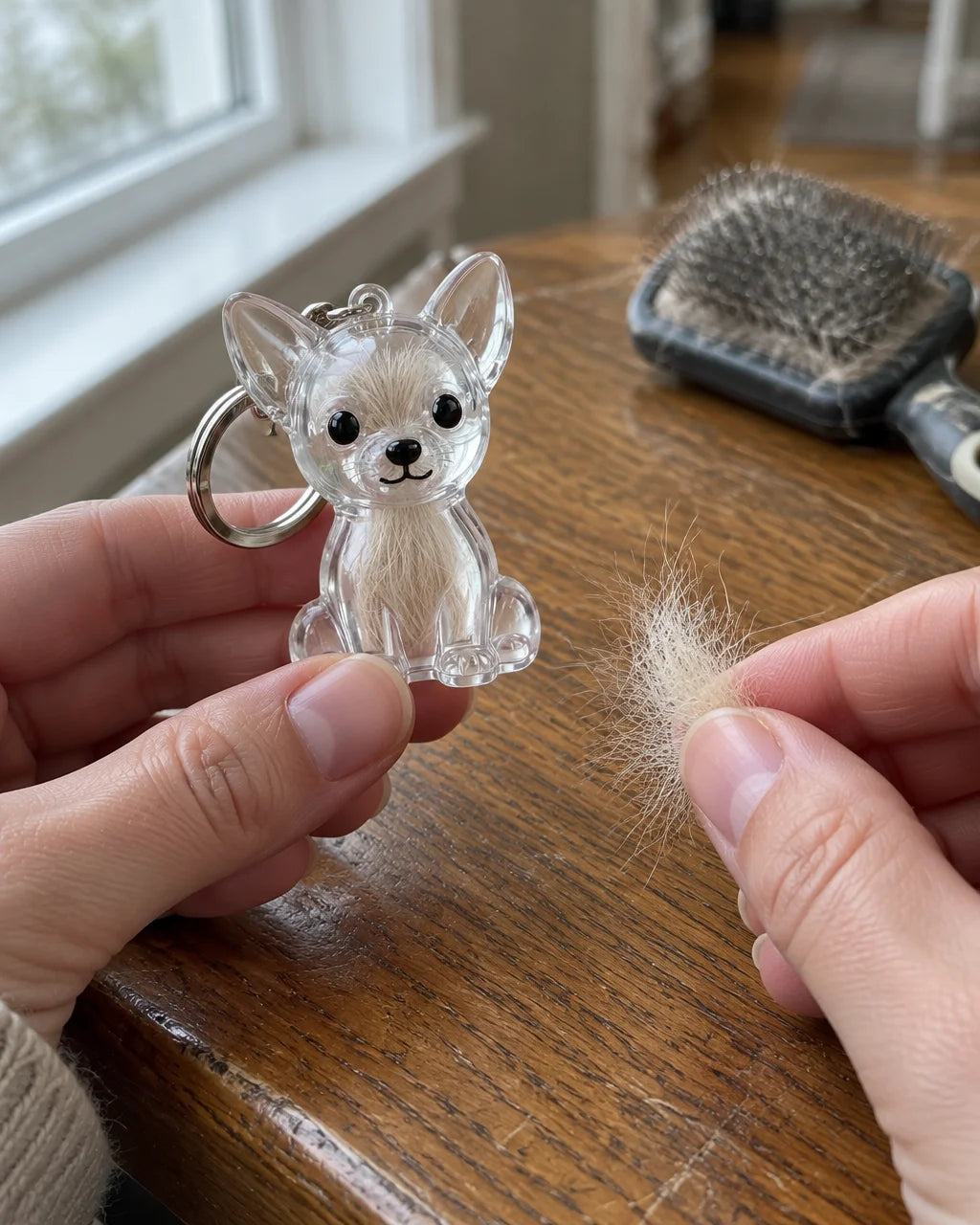 A close photograph in a real home of a small clear acrylic puppy-shaped keepsake keychain with its h