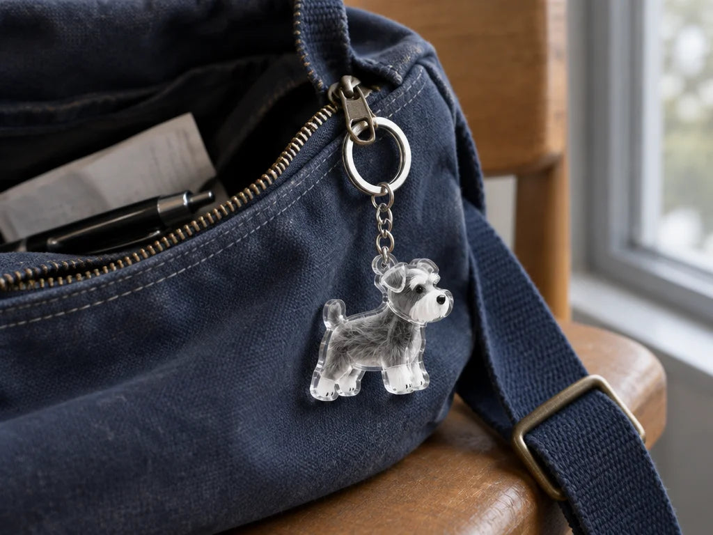 A real-life close photograph of a small clear acrylic puppy-shaped keepsake keychain with silver-ton