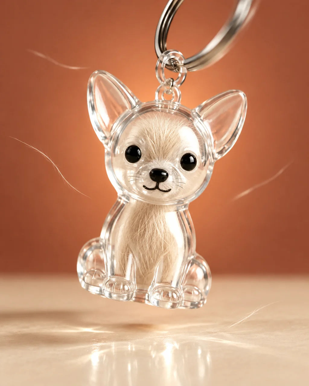 A hero studio photograph of one small clear acrylic puppy-shaped keepsake keychain with a hollow tra