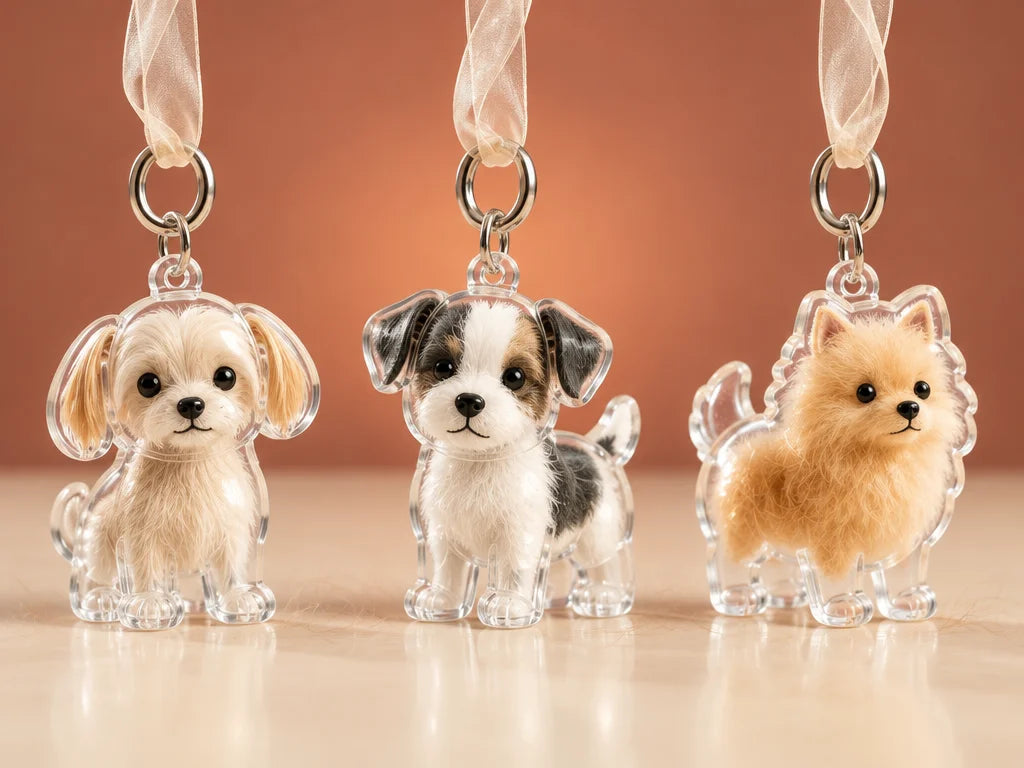 A studio comparison row of three distinct clear acrylic puppy-shaped keepsake keychain designs shown