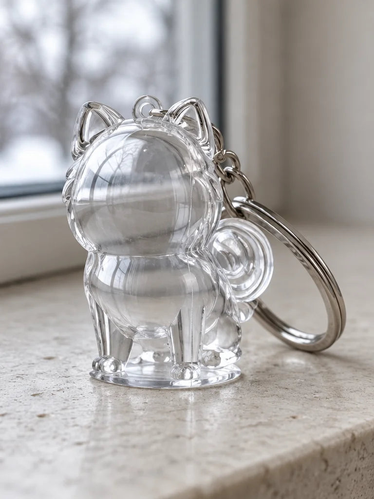 A macro photograph of the complete small clear acrylic puppy-shaped keepsake keychain, empty transpa