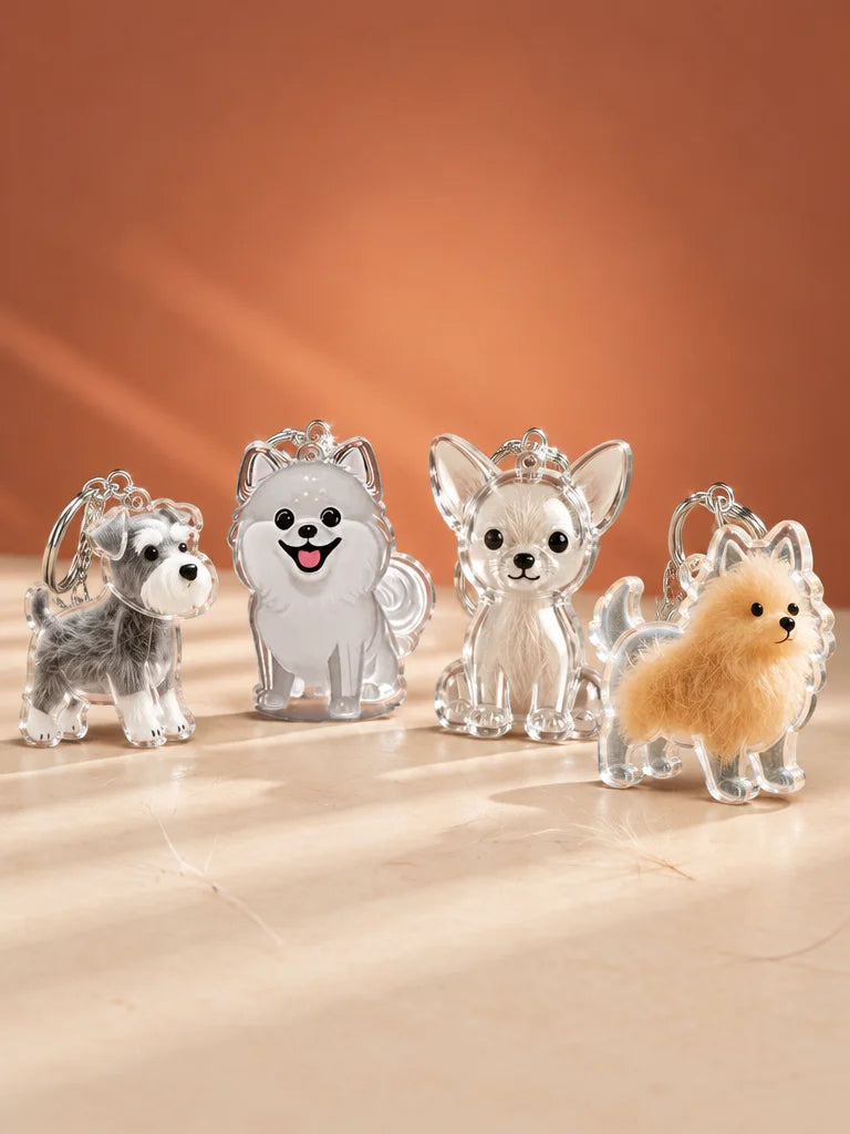 A studio photograph comparing four distinct puppy-shaped clear acrylic keepsake keychain designs vis