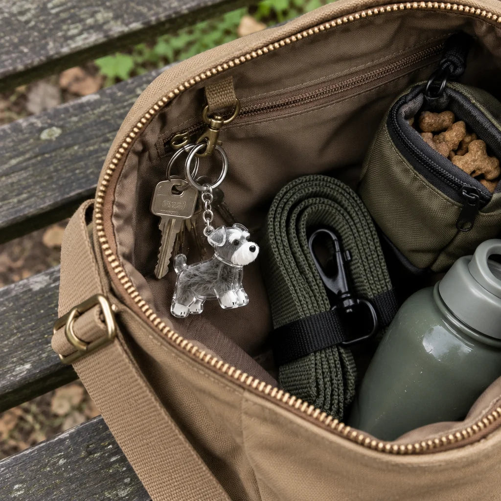 A real-life close photograph looking down into a partly open tan crossbody bag on a park bench: a cl