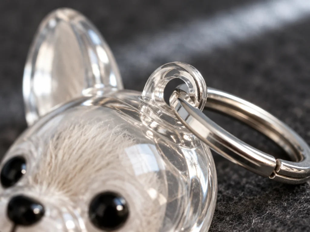A macro photograph of the clear acrylic puppy-shaped keychain's transparent attachment eye, connecto