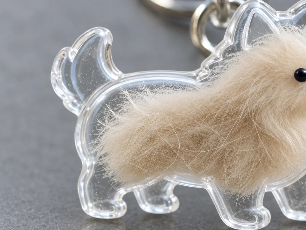 A macro photograph of a small tuft of pale cream dog hair resting inside the clear hollow body of a
