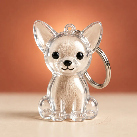 A studio photograph of one small clear acrylic puppy-shaped keepsake keychain with a hollow transpar