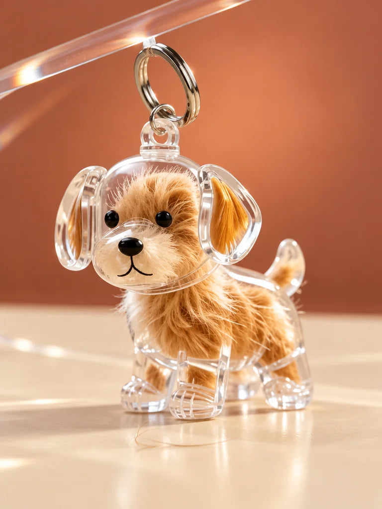 A studio photograph of one small clear acrylic puppy-shaped keepsake keychain with its hollow body a