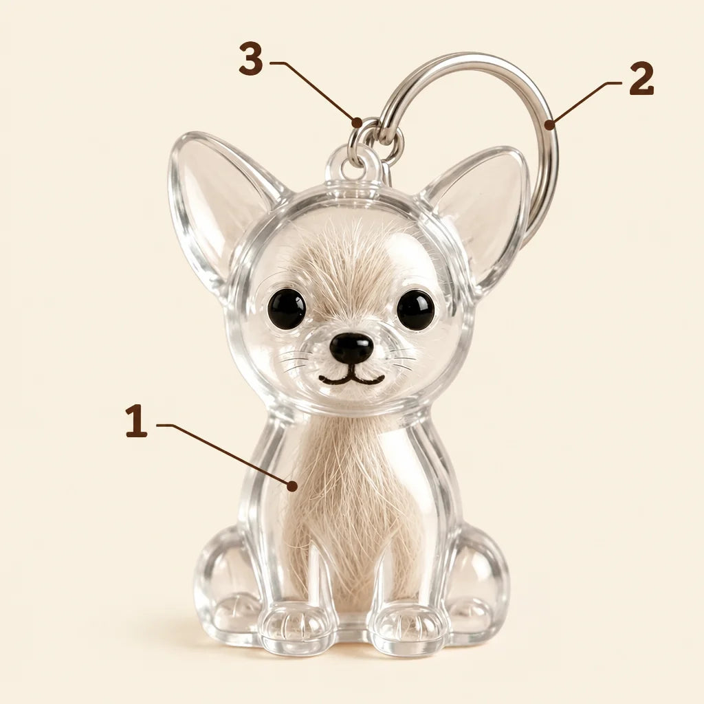A clean explanatory graphic on a pale warm background showing one complete clear acrylic puppy-shape