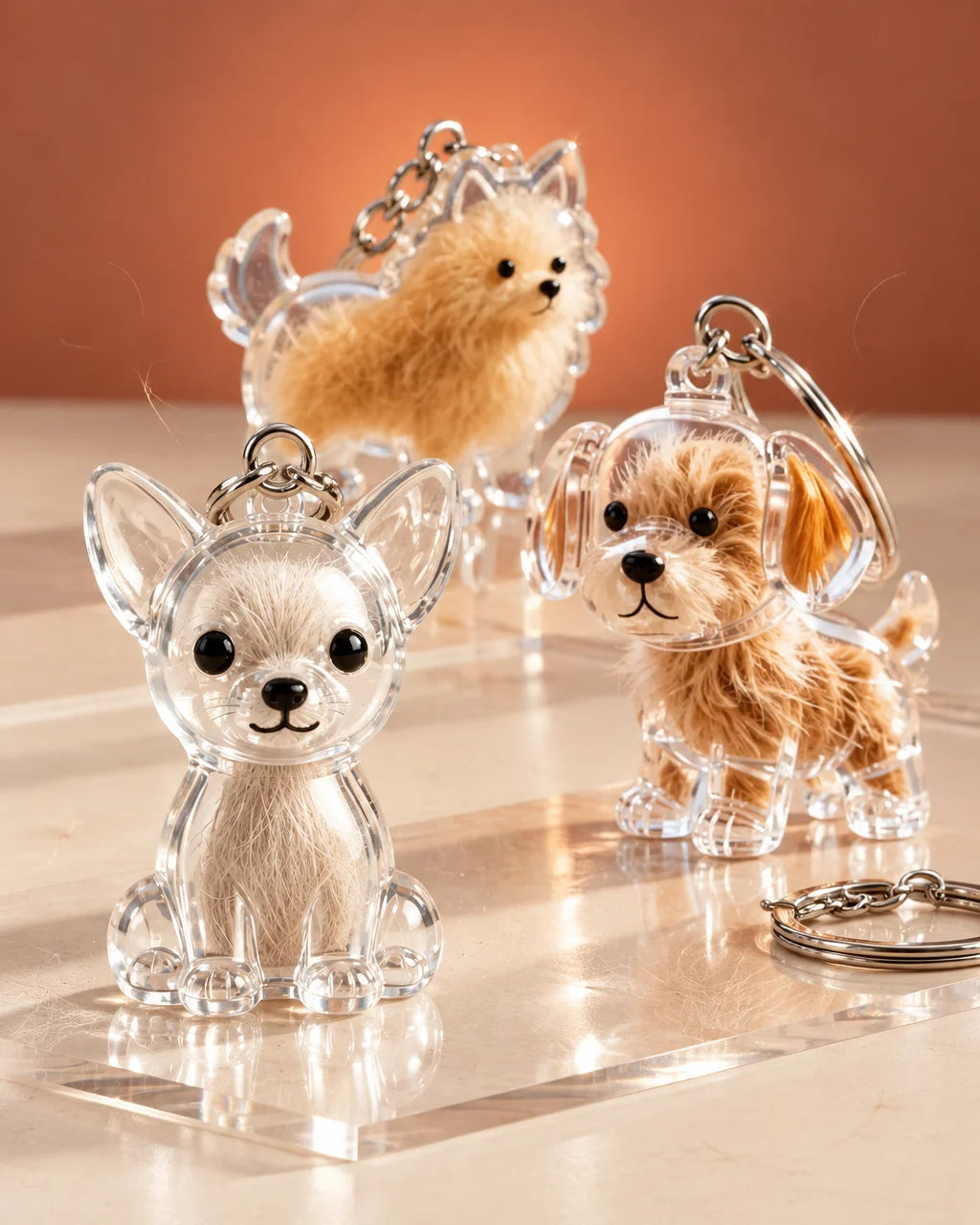A studio photograph of three small clear acrylic puppy-shaped keepsake keychains with hollow transpa