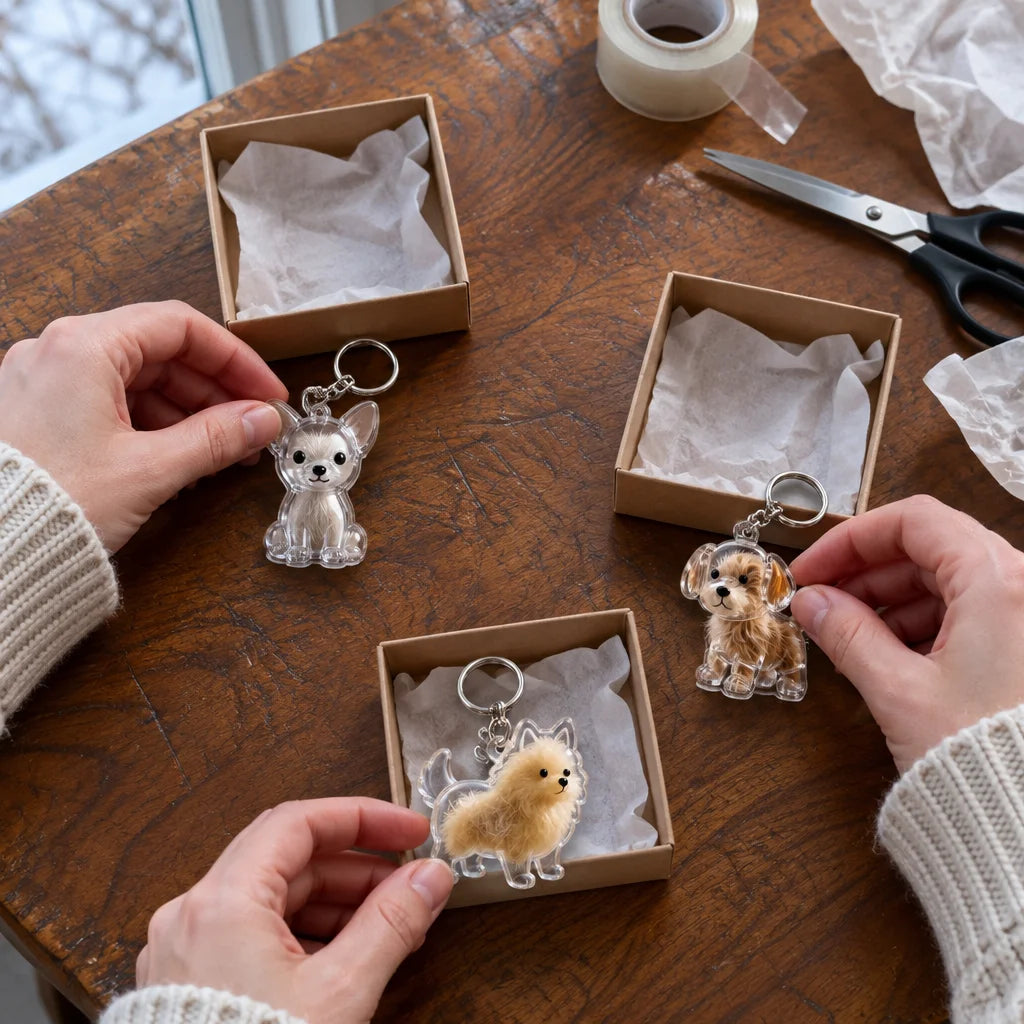 A real home photograph of three clear acrylic puppy-shaped keepsake keychains with silver-tone rings