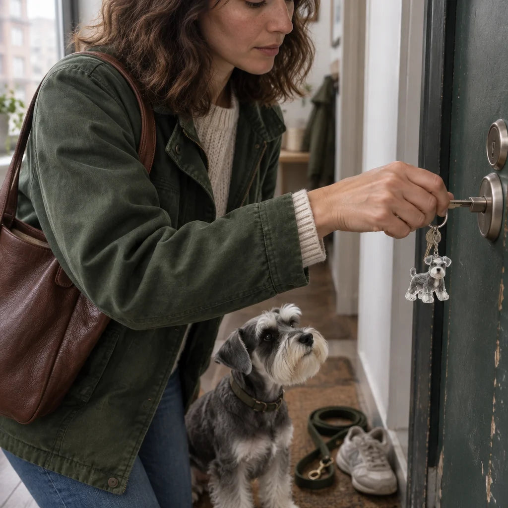 A candid photograph at a lived-in apartment doorway: a small clear acrylic puppy-shaped keepsake key